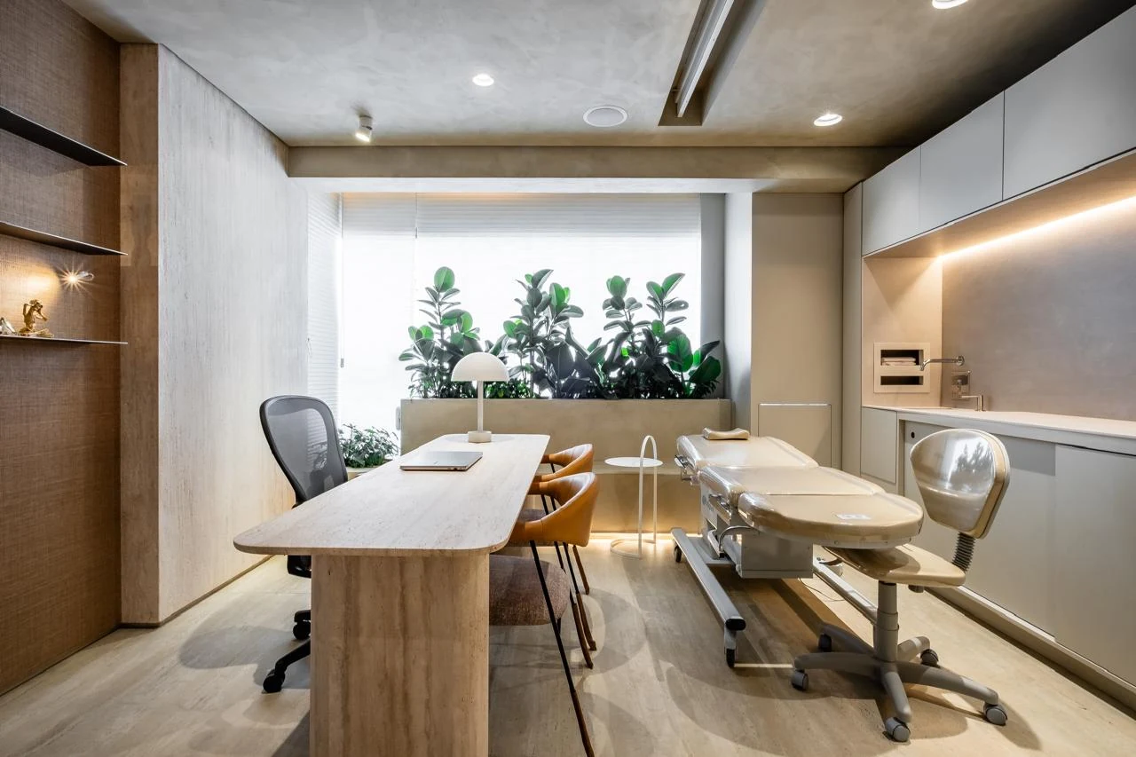 Consultório com mesa de atendimento e janela para o jardim